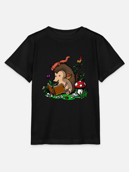 Cute Hedgehog Fantasy Book Reading Animal - Stanley/Stella MINI CREATOR Kids’ T-Shirt - black
