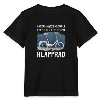 Unterschätze niemals eine Frau auf einem Klapprad - Stanley/Stella Kinder T-Shirt MINI CREATOR  - Schwarz - Vorne - Mikhail (115cm)