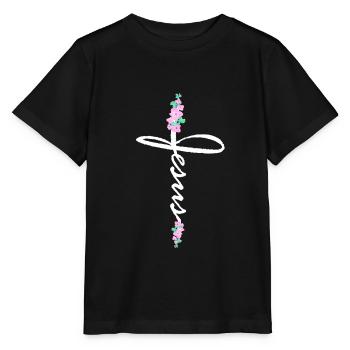 Jesus Kreuz Schriftzug Mit Blumen - Stanley/Stella Kinder T-Shirt MINI CREATOR  - Schwarz - Vorne - Mikhail (115cm)