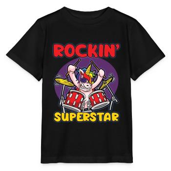 ROCKIN SUPERSTAR Rocker Einhorn Schlagzeuger Humor - Stanley/Stella Kinder T-Shirt MINI CREATOR  - Schwarz - Vorne - Mikhail (115cm)