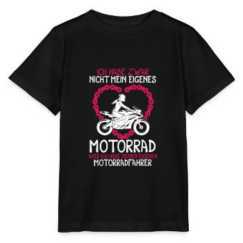 Ich habe zwar nicht mein eigenes Motorrad Bikerin - Stanley/Stella Kinder T-Shirt MINI CREATOR  - Schwarz - Vorne - Mikhail (115cm)