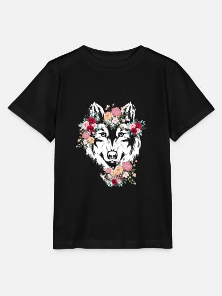 Wolf Wolfskopf Blumen Deko - Stanley/Stella Kinder T-Shirt MINI CREATOR - Schwarz