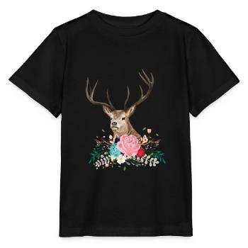 Deer Flower Antlers Floral Wildlife - Stanley/Stella Kinder T-Shirt MINI CREATOR  - Schwarz - Vorne - Mikhail (115cm)