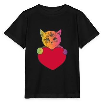 Colorful cat hugging a heart - Tabby Cat Stripes - Stanley/Stella MINI CREATOR Kids’ T-Shirt - black - Front - Mikhail (115cm)
