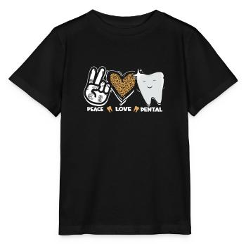 Peace Love Dental Leopard Herz Zähne - Zahn - Stanley/Stella Kinder T-Shirt MINI CREATOR  - Schwarz - Vorne - Mikhail (115cm)