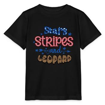 Stars Stripes and Leopard Happy 4th of July - Stanley/Stella Kinder T-Shirt MINI CREATOR  - Schwarz - Vorne - Mikhail (115cm)