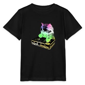 Rainbow DJ Cat - Scratchen - Stanley/Stella Kinder T-Shirt MINI CREATOR  - Schwarz - Vorne - Mikhail (115cm)