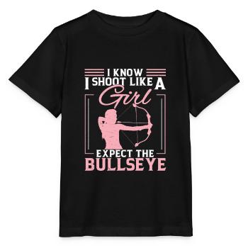 I Know I Shoot Like A Girl Funny Archery Sport - Stanley/Stella MINI CREATOR Kids’ T-Shirt - black - Front - Mikhail (115cm)