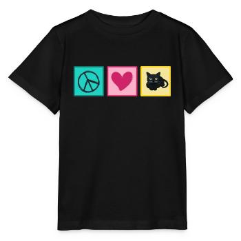 Katze Katzenhaar Mietzekatze "love peace cats" - Stanley/Stella Kinder T-Shirt MINI CREATOR  - Schwarz - Vorne - Mikhail (115cm)