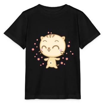 Nette Anime Katze mit Blumen die vom Himmel regnen - Stanley/Stella Kinder T-Shirt MINI CREATOR  - Schwarz - Vorne - Mikhail (115cm)