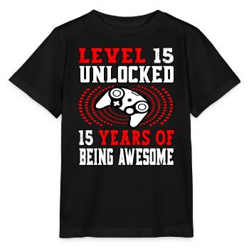 Level 15 unlocked - 15 Birthday Gamer red - Stanley/Stella MINI CREATOR Kids’ T-Shirt - black - Front - Mikhail (115cm)