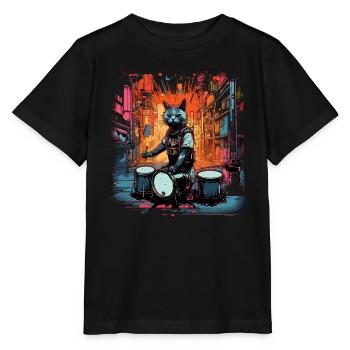 Cat Drummer Music Animal Drums Wild Cat - T-shirt bio MINI CREATOR Stanley/Stella Enfant - noir - Devant - Mikhail (115cm)