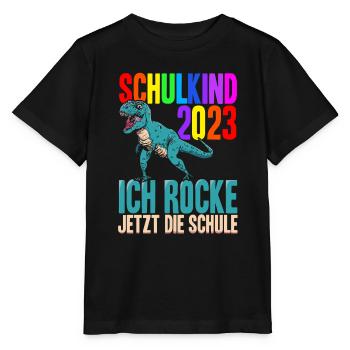 Schulkind 2023 Ich Rocke Jetzt Die Schule - Dino E - Stanley/Stella Kinder T-Shirt MINI CREATOR  - Schwarz - Vorne - Mikhail (115cm)