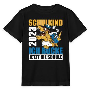 Schulkind 2023 Ich Rocke Jetzt Die Schule - Dino E - Stanley/Stella Kinder T-Shirt MINI CREATOR  - Schwarz - Vorne - Mikhail (115cm)