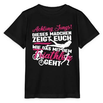 Triathlon Dieses Mädchen zeigt euch wie das geht - Stanley/Stella Kinder T-Shirt MINI CREATOR  - Schwarz - Vorne - Mikhail (115cm)