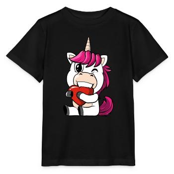 Unicorn bites into a heart in love - Stanley/Stella MINI CREATOR Kids’ T-Shirt - black - Front - Mikhail (115cm)