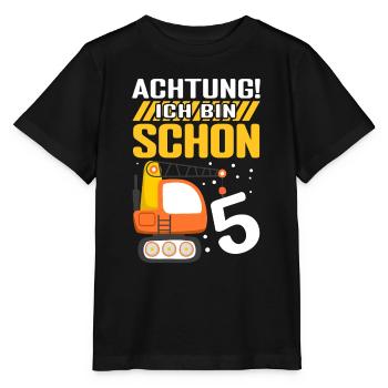 Achtung! Ich bin schon 5 - Bagger Baustelle Geburt - Stanley/Stella Kinder T-Shirt MINI CREATOR  - Schwarz - Vorne - Mikhail (115cm)