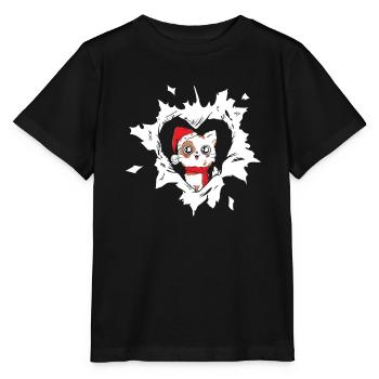 Cat with Christmas hat looks out of torn - Stanley/Stella MINI CREATOR Kids’ T-Shirt - black - Front - Mikhail (115cm)
