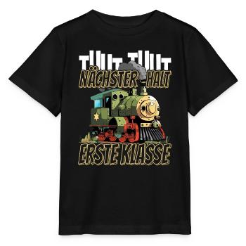 Nächste Haltestelle Erste Klasse - Kids Lokomotive - Stanley/Stella Kinder T-Shirt MINI CREATOR  - Schwarz - Vorne - Mikhail (115cm)
