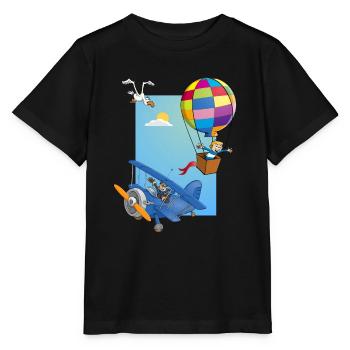 Boy in a hot air balloon and a blue airplane - Stanley/Stella MINI CREATOR Kids’ T-Shirt - black - Front - Mikhail (115cm)