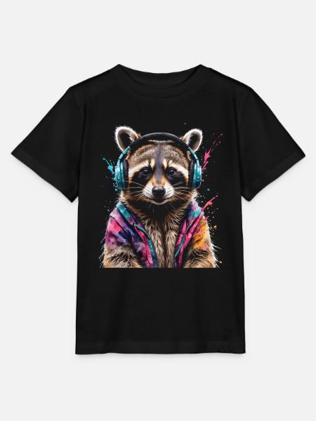 Wasbeer hoofdtelefoon muziek kleurrijke dierlijke Design Print - Stanley/Stella Kinder-T-shirt MINI CREATOR  - zwart