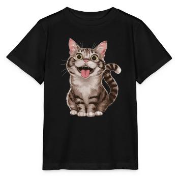 Fröhliche Getigerte Katze Mit Weit Geöffneten - Stanley/Stella Kinder T-Shirt MINI CREATOR  - Schwarz - Vorne - Mikhail (115cm)