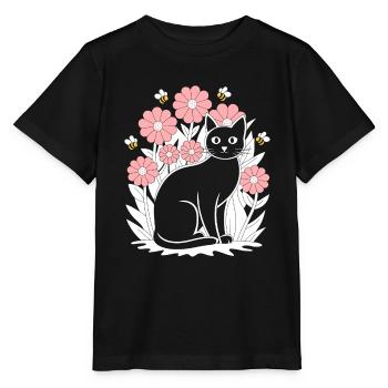 Cottagecore Idylle : Chat noir avec des fleurs et - T-shirt bio MINI CREATOR Stanley/Stella Enfant - noir - Devant - Mikhail (115cm)