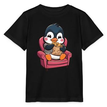Süßer Pinguin mit Snacks auf Sessel - Stanley/Stella Kinder T-Shirt MINI CREATOR  - Schwarz - Vorne - Mikhail (115cm)