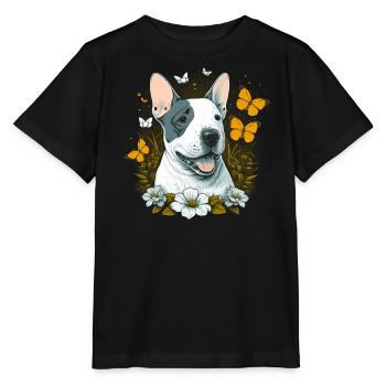 Joyeux bull terrier avec des fleurs - T-shirt bio MINI CREATOR Stanley/Stella Enfant - noir - Devant - Mikhail (115cm)