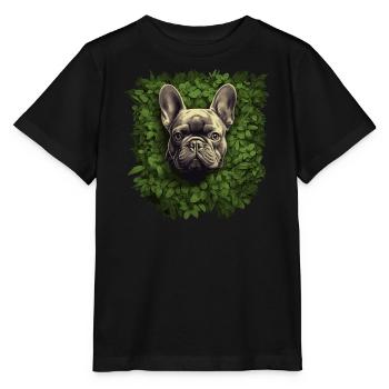 Bouledogue français regardant hors des buissons - T-shirt bio MINI CREATOR Stanley/Stella Enfant - noir - Devant - Mikhail (115cm)