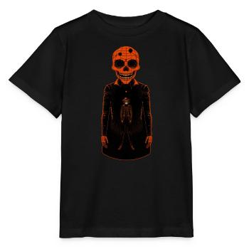 Ein orangefarbenes Skelett trägt einen Mantel. Huamn Figur - Stanley/Stella Kinder T-Shirt MINI CREATOR  - Schwarz - Vorne - Mikhail (115cm)