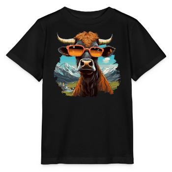 Vache cool en lunettes de soleil dans un paysage de montagne - T-shirt bio MINI CREATOR Stanley/Stella Enfant - noir - Devant - Mikhail (115cm)