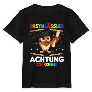 Erstklässler Schulkind Einschulung Eule - Stanley/Stella Kinder T-Shirt MINI CREATOR  - Schwarz - Vorne - Mikhail (115cm)
