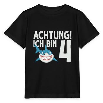 Achtung ich bin 4. Kindergeburtstag Hai - Stanley/Stella Kinder T-Shirt MINI CREATOR  - Schwarz - Vorne - Mikhail (115cm)