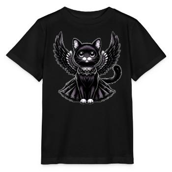 Schwarze Katze Gothic Engel Flügel Barock - Stanley/Stella Kinder T-Shirt MINI CREATOR  - Schwarz - Vorne - Mikhail (115cm)