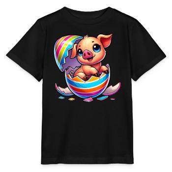 Süßes Cartoon Schwein im Osterei schlüpfen - Stanley/Stella Kinder T-Shirt MINI CREATOR  - Schwarz - Vorne - Mikhail (115cm)