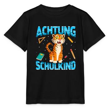 Einschulung Achtung Schulkind Geschenk Tiger - Stanley/Stella Kinder T-Shirt MINI CREATOR  - Schwarz - Vorne - Mikhail (115cm)