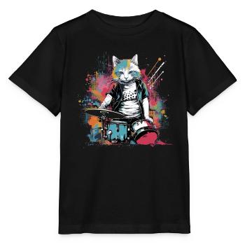 Cat Drummer Music Animal Drums Wild Cat - T-shirt bio MINI CREATOR Stanley/Stella Enfant - noir - Devant - Mikhail (115cm)