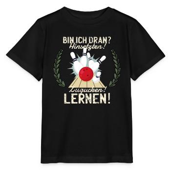 Bowling Spruch Hinsetzen! Zugucken! Lernen! Bowler - Stanley/Stella Kinder T-Shirt MINI CREATOR  - Schwarz - Vorne - Mikhail (115cm)