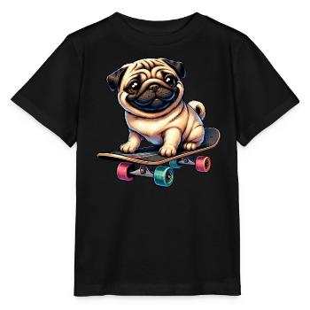 Skateboard Mops, Hund Skateboarder - Stanley/Stella Kinder T-Shirt MINI CREATOR  - Schwarz - Vorne - Mikhail (115cm)