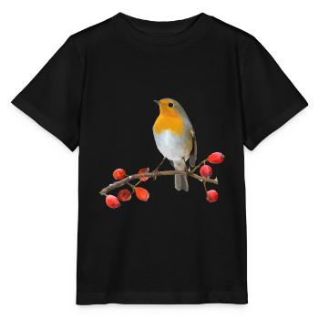 Rotkehlchen auf Ast mit roten Beeren - Stanley/Stella Kinder T-Shirt MINI CREATOR  - Schwarz - Vorne - Mikhail (115cm)