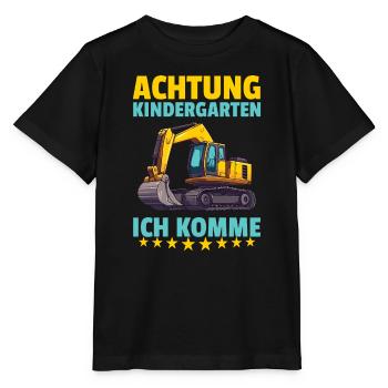 Attention kindergarten, I'm coming, construction worker, excavator - Stanley/Stella MINI CREATOR Kids’ T-Shirt - black - Front - Mikhail (115cm)