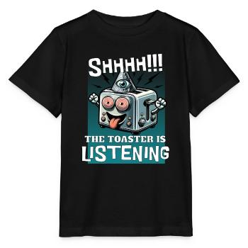 Funny Conspiracy Theory Listening Toaster - Stanley/Stella MINI CREATOR Kids’ T-Shirt - black - Front - Mikhail (115cm)