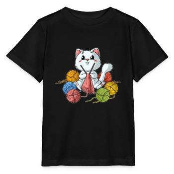 Cat Knitting Kitten Wool Ball of Wool Kitty - Stanley/Stella MINI CREATOR Kids’ T-Shirt - black - Front - Mikhail (115cm)