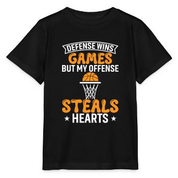 Die Defensive gewinnt Spiele, aber meine Offensive stiehlt Herzen. - Stanley/Stella Kinder T-Shirt MINI CREATOR  - Schwarz - Vorne - Mikhail (115cm)