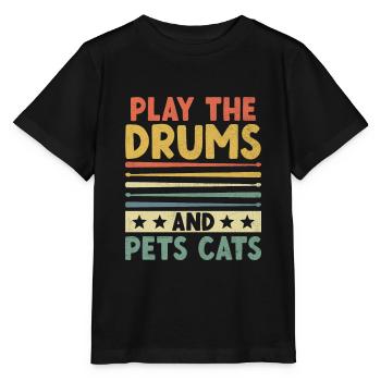 Spielen Sie Die Trommeln Und Haustiere Katzen Trommeln Trommeln Schlagzeuger - Stanley/Stella Kinder T-Shirt MINI CREATOR  - Schwarz - Vorne - Mikhail (115cm)