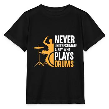 Unterschätze niemals einen Jungen, der Schlagzeug spielt Schlagzeug - Stanley/Stella Kinder T-Shirt MINI CREATOR  - Schwarz - Vorne - Mikhail (115cm)