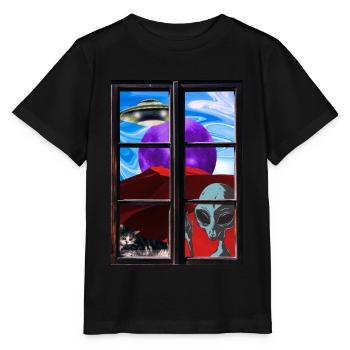 Strange alien cat UFO - Stanley/Stella MINI CREATOR Kids’ T-Shirt - black - Front - Mikhail (115cm)