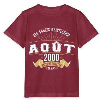 22 Ans Anniversaire Vintage Né(e) en Août 2000 - T-shirt bio MINI CREATOR Stanley/Stella Enfant - bordeaux - Devant - Kain (125cm)