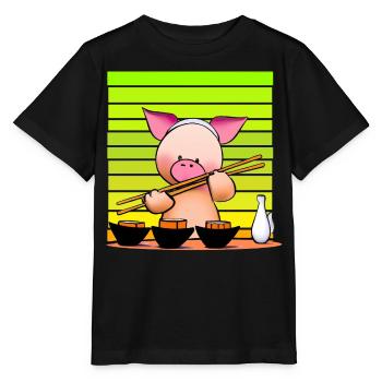 Pork tries sushi with chopsticks - Stanley/Stella MINI CREATOR Kids’ T-Shirt - black - Front - Mikhail (115cm)
